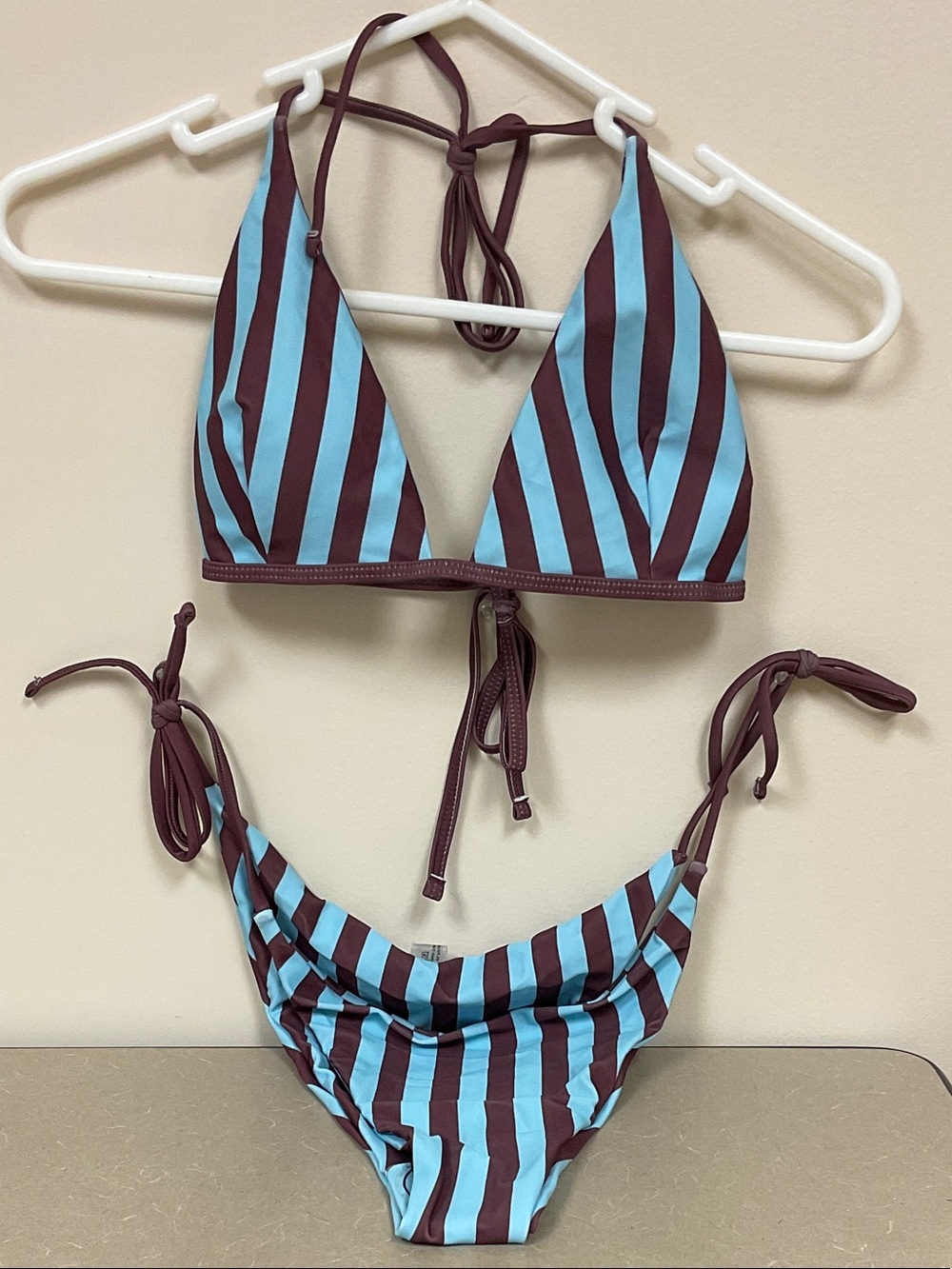 Striped Tie-Side Triangle Bikini in Blue and Brown NIOP Size Medium. Lightly Pad